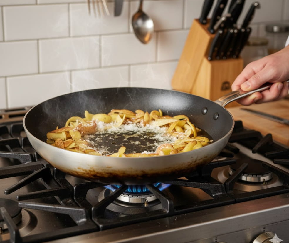Foto del paso de curado: sartén de acero al carbono con cáscaras de patata, aceite humeando y la sartén empezando a oscurecer.