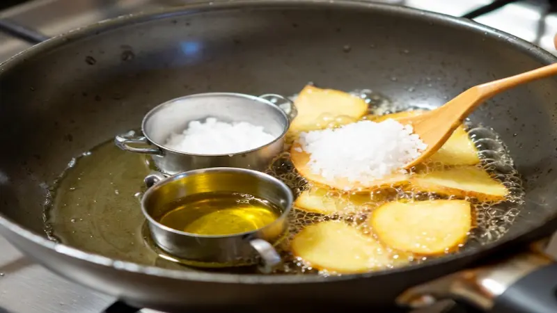 Proceso de curado inicial de sartén con aceite, sal gruesa y pieles de patata en el fuego.