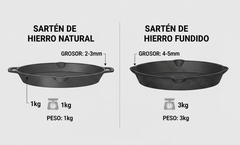 Diagrama comparativo del grosor de paredes y peso: Sartén de Hierro Natural (2-3mm, 1kg) vs Hierro Fundido (4-5mm, 3kg).