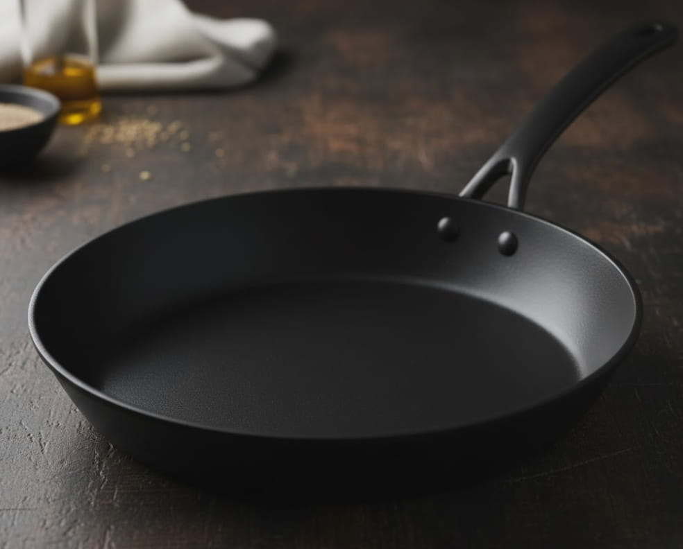 Sartén de acero al carbono perfectamente curada con un brillo sutil, totalmente negra y sin óxido.