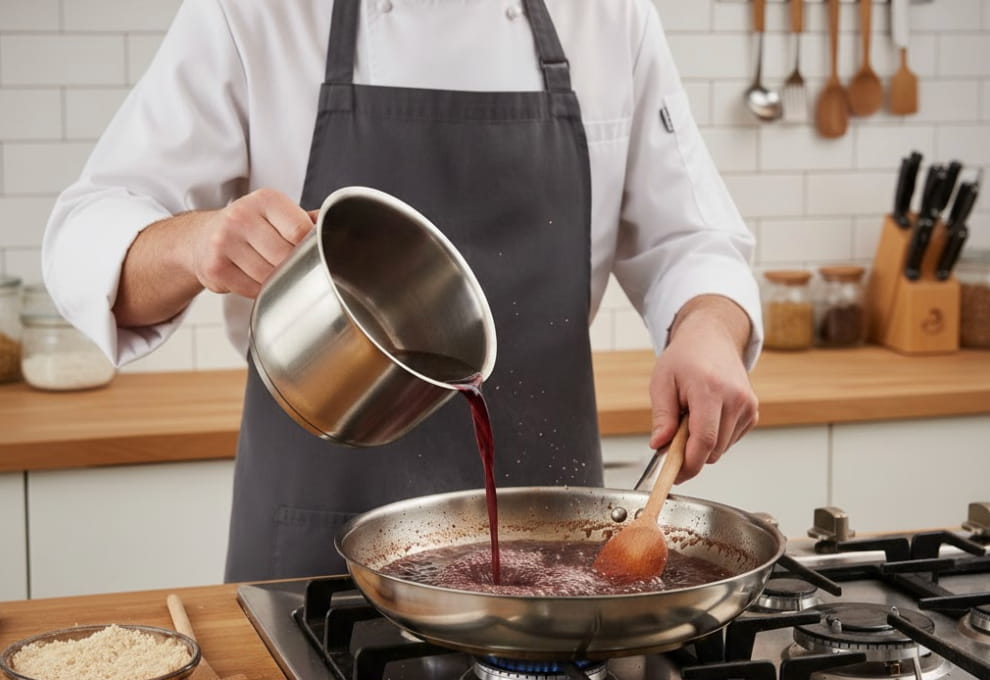Foto de un chef añadiendo vino a una sartén de acero inoxidable para deglasar los restos caramelizados (fond) y crear una salsa.