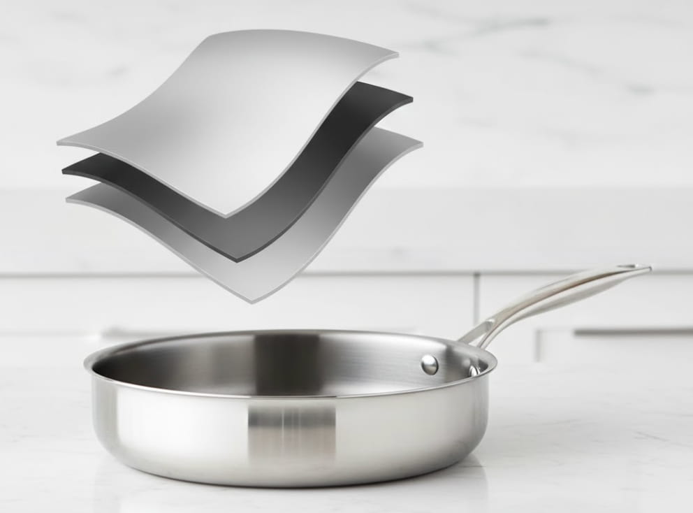 Diagrama de corte transversal de una sartén tri-ply (3 capas): Acero Inoxidable - Aluminio - Acero Inoxidable.