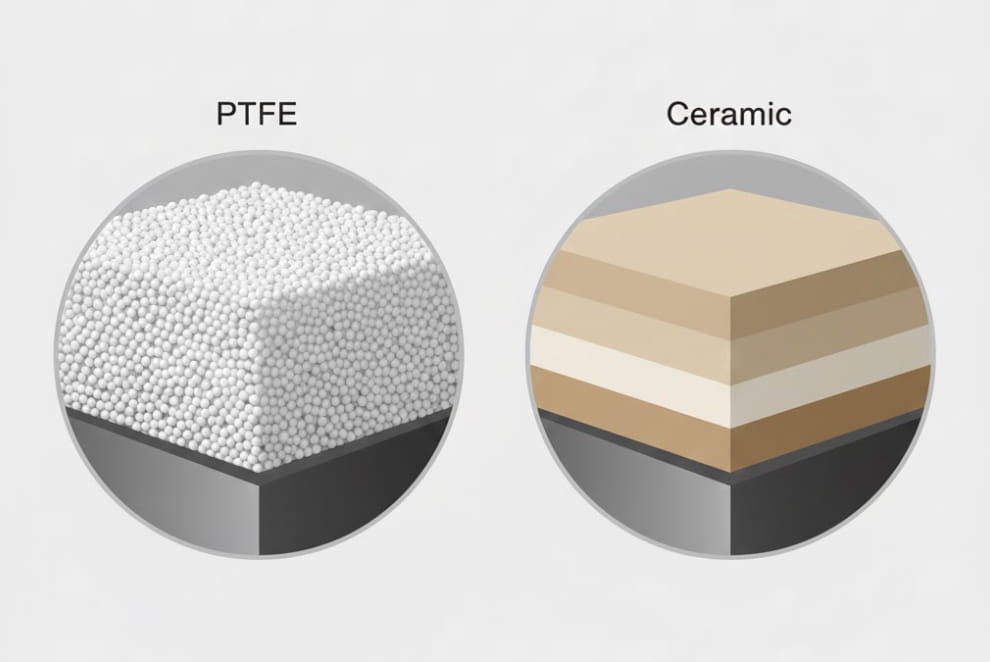 Diagrama de corte transversal que compara la estructura de un recubrimiento de PTFE (polímero sintético) vs. un recubrimiento Cerámico (capas minerales).