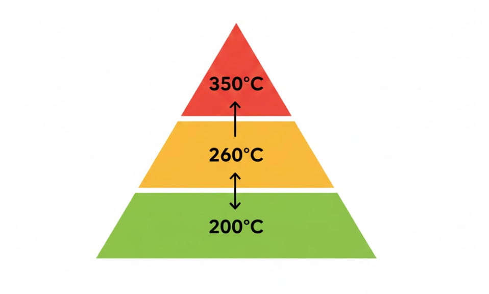 Gráfico de temperaturas de PTFE: Zona Segura (Bajo 200°C), Zona de Degradación (260°C), y Punto de Gases Tóxicos (350°C).