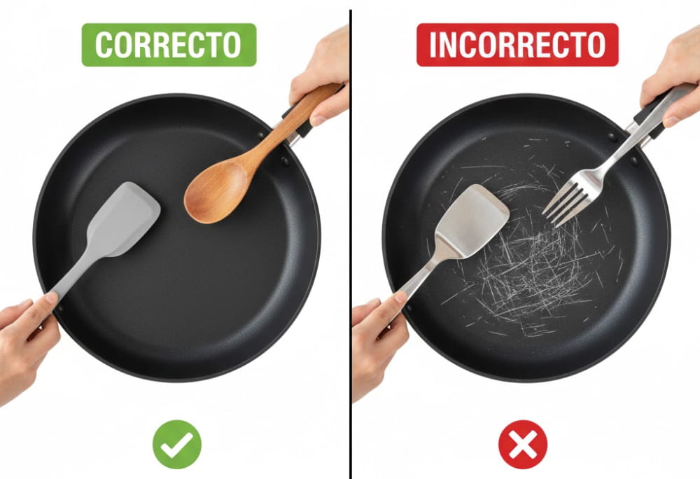 Comparación visual: Utensilios de madera (Correcto) vs. Utensilios metálicos (Incorrecto, causa rayones).
