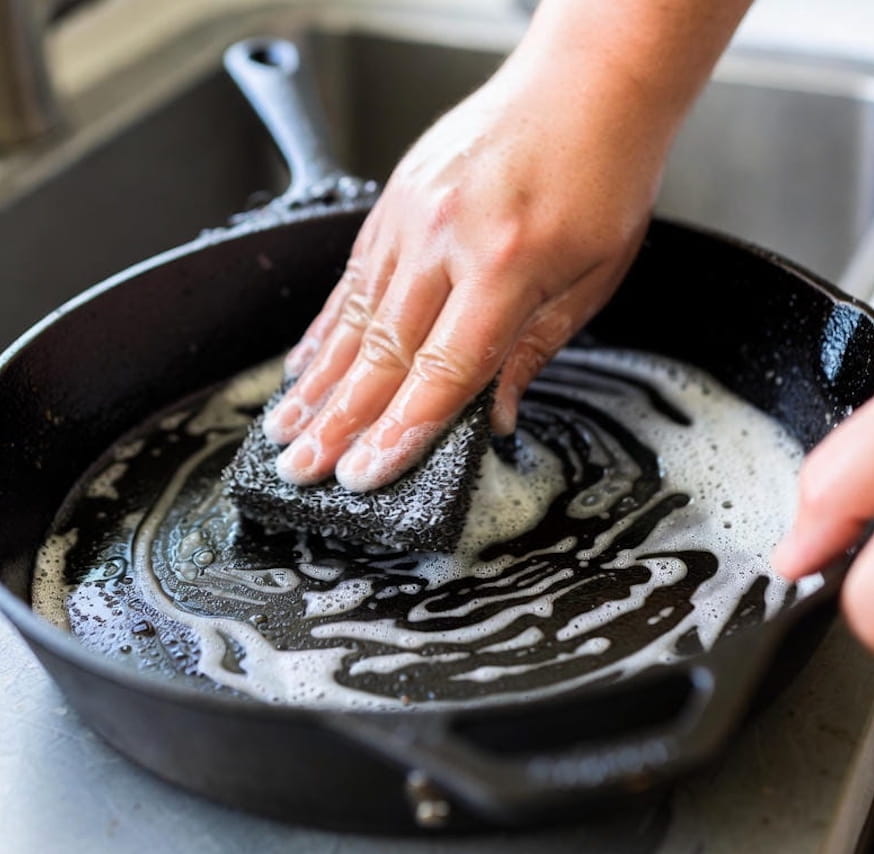 Sartén de hierro fundido siendo fregada con estropajo de metal y jabón