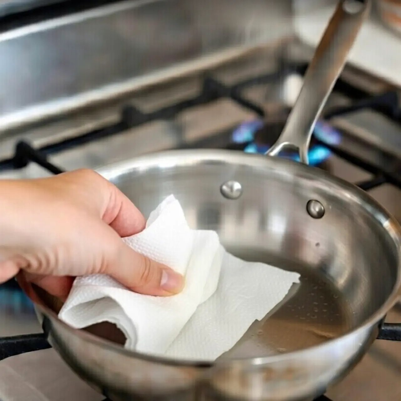 Limpiando la sartén con una pasta de bicarbonato para recuperar el brillo del acero.