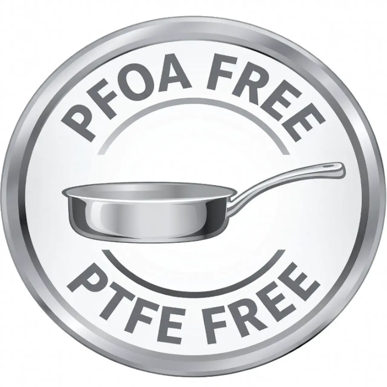 Primer plano de etiquetas de certificación ecológica y libre de tóxicos en el fondo de una sartén.