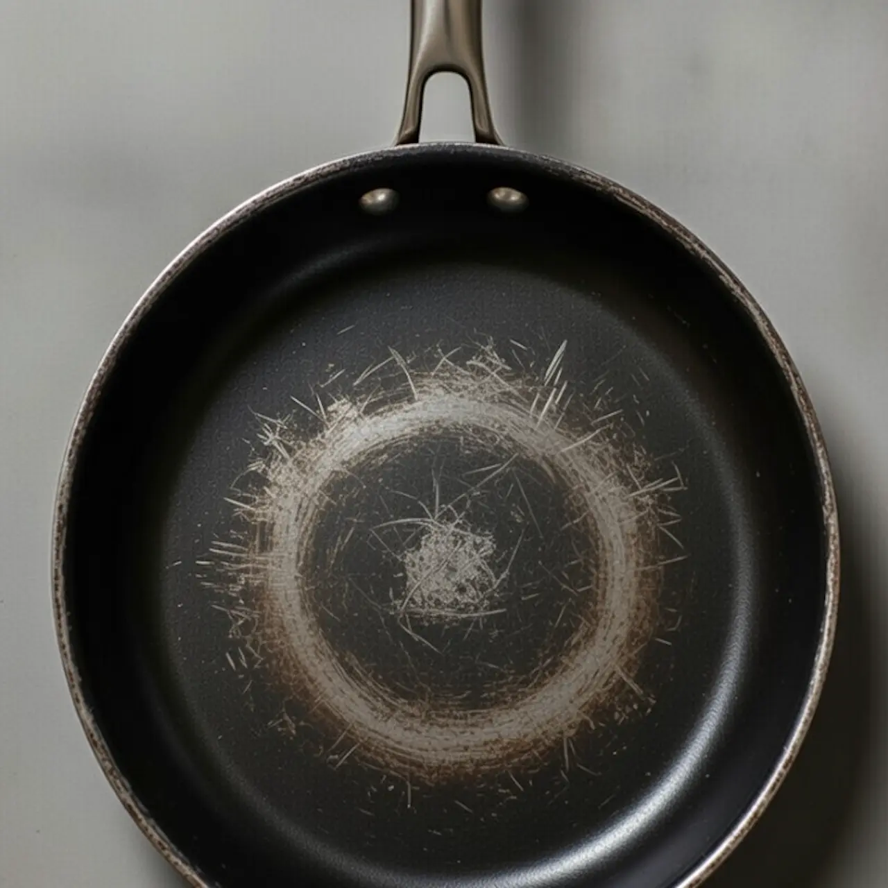 Luz cenital sobre una sartén mostrando rayaduras profundas que exponen el metal inferior.