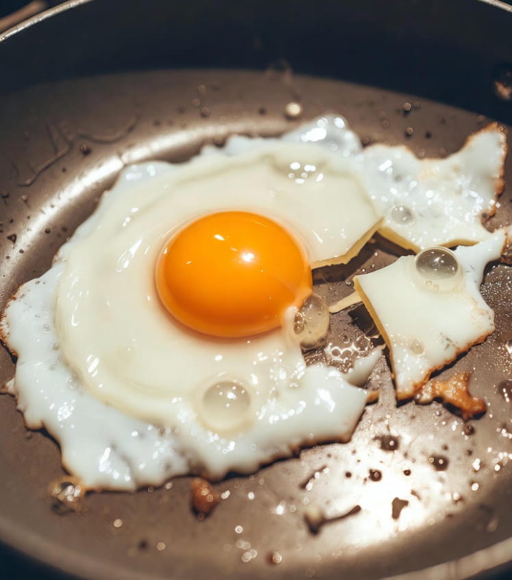 Huevo frito roto y pegado a una sartén de metal, ilustrando el problema común.