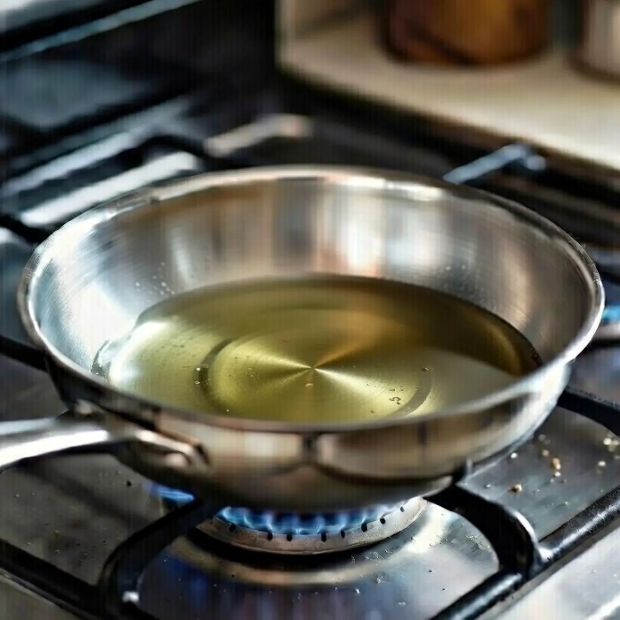 Capa uniforme de aceite cubriendo toda la superficie de una sartén de acero.