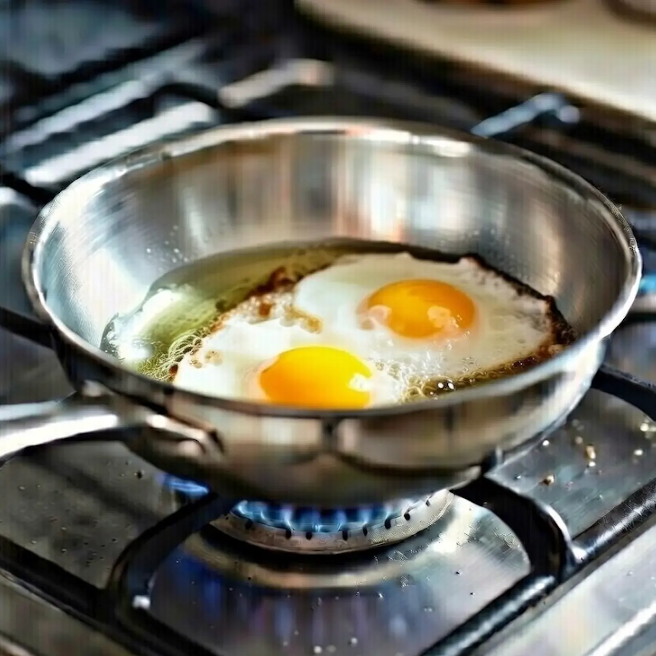 Huevo con bordes dorados y sólidos despegándose fácilmente de la superficie.
