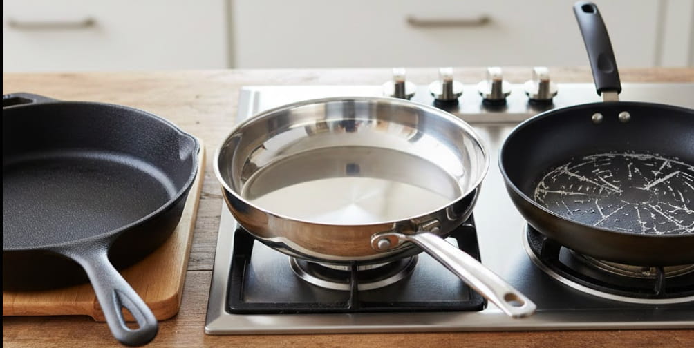 Una gota de agua 'bailando' o chisporroteando en una sartén caliente, ilustrando el efecto Leidenfrost (temperatura perfecta).
