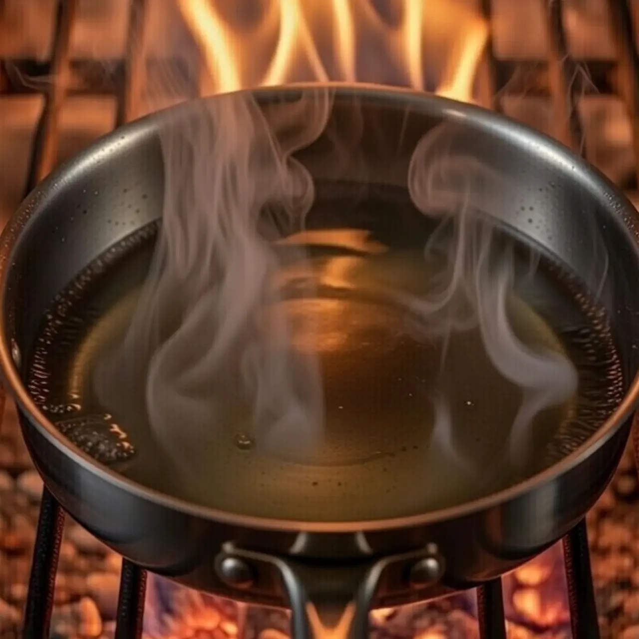 Aceite de oliva virgen extra en una sartén con humo blanco.