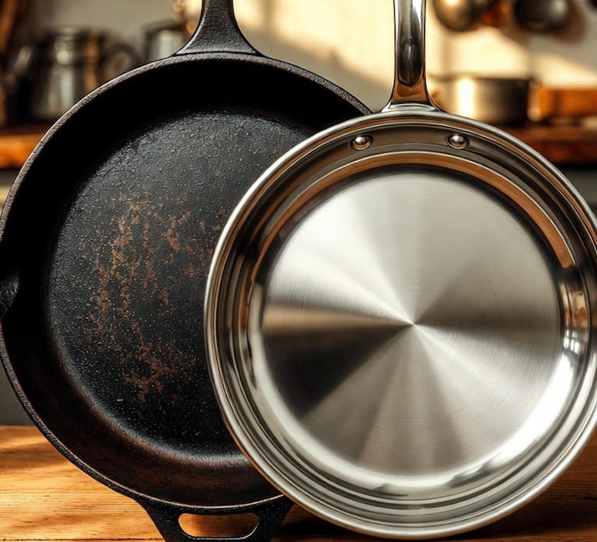 Sartén de hierro fundido y sartén de acero inoxidable, representando alternativas seguras