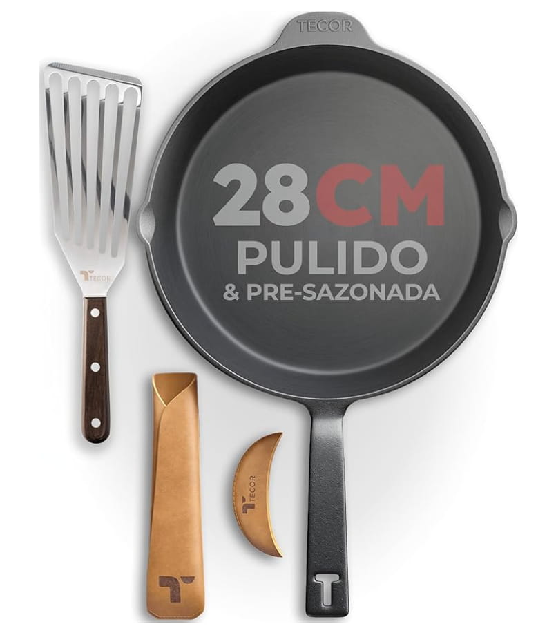 TECOR Sartén de Hierro Fundido Pulido (Pre-curado) - 28 cm