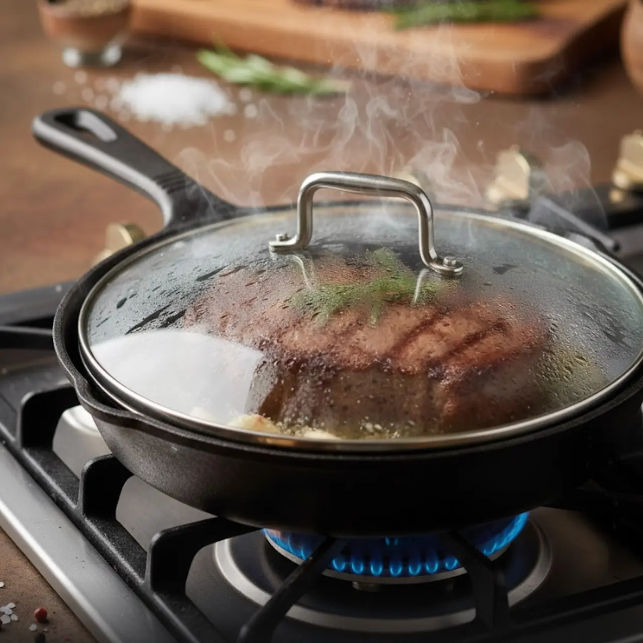 Sartén cerrada con tapa de vidrio mostrando la condensación del vapor