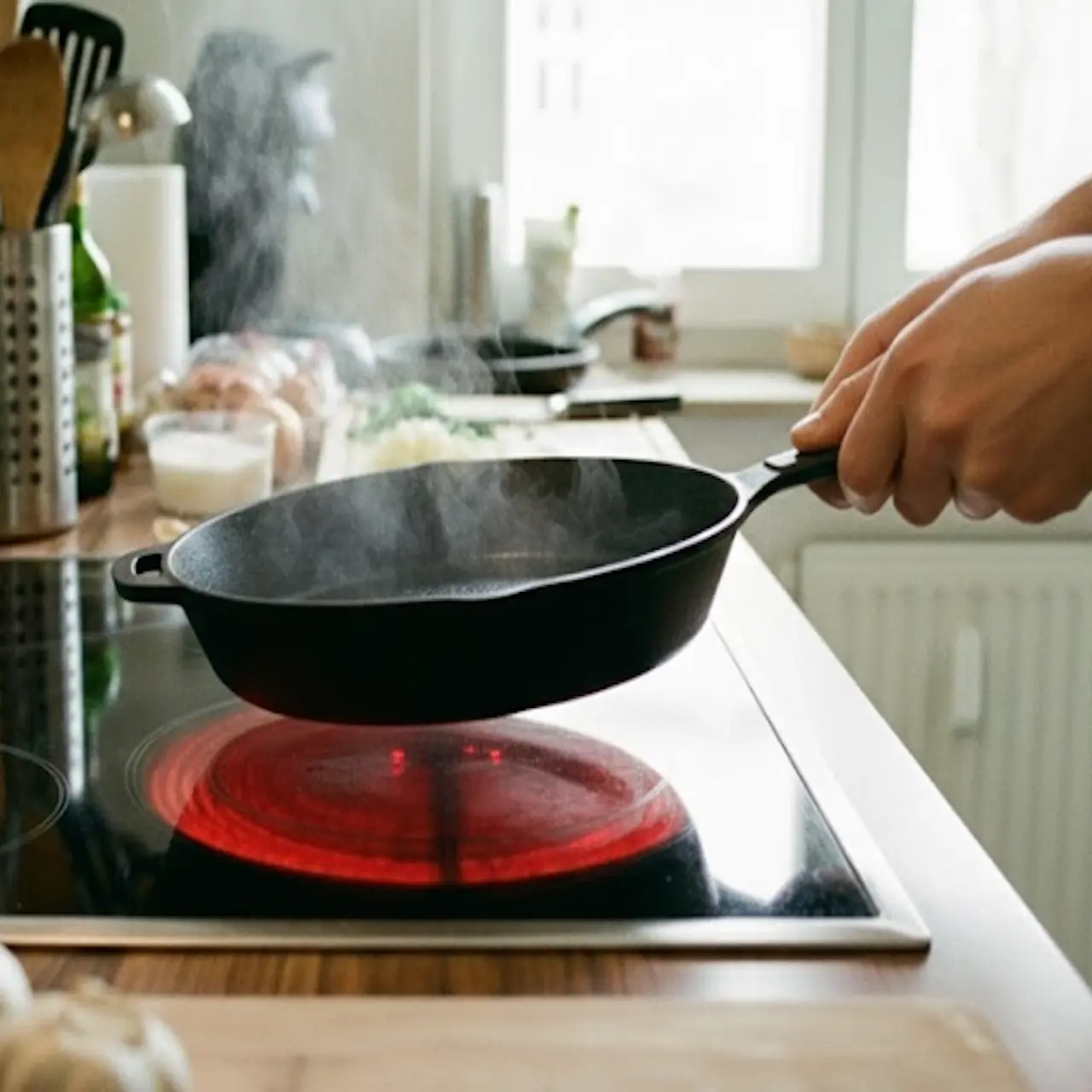 Levantando una sartén de hierro fundido sobre la vitrocerámica en lugar de arrastrarla.